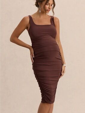 Club L London Lisbon Brown Maternity Square Neck Ruched Midi Dress